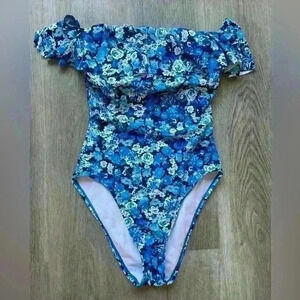 Blue floral one piece swimsuit, size small, off the shoulder w/ruflle